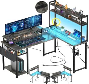 Aheaplus Small L Shaped Gaming Desk with LED Lights & Power Outlets, Reversible L-Shaped Computer Desk with Monitor Stand & Stor