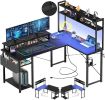 Aheaplus Small L Shaped Gaming Desk with LED Lights & Power Outlets, Reversible L-Shaped Computer Desk with Monitor Stand & Stor