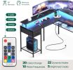 L Shaped Gaming Desk with LED Lights & Power Outlets, Computer Desk with Storage Shelves, Home Office Desk