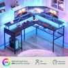 L Shaped Gaming Desk with LED Lights & Power Outlets, Computer Desk with Storage Shelves, Home Office Desk