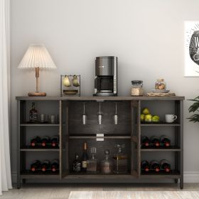 Wine Bar Cabinet for Liquor and Glasses, Rustic Wood Wine Bar Cabinet with Storage , Multifunctional Floor Wine Cabinet for Living Room(55 Inch (Color: Black+ Gray)