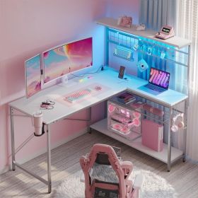 L Shaped Gaming Desk with Power Outlets, 51 inch Large LED Computer Desk Reversible Corner Desk with 4 Tiers Storage Shelves (Color: White 3d Carbon)