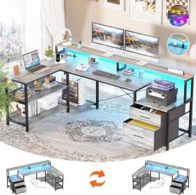 L Shaped Desk with File Drawer, 66" Reversible L Shaped Computer Desk with Power Outlet & LED Strip, Gaming Desk (Color: White Oak-66 Inch)