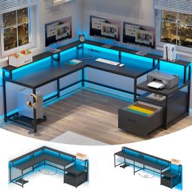 L Shaped Office Desks, 66" Home Office Desk with File Drawer & Power Outlet, Gaming Table with Led Lights (Color: Black)