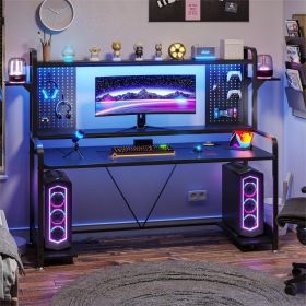 Gaming Desk, 55" Computer Desk with Hutch and Shelves, Gaming Desk with LED Lights, Pegboard & Monitor Shelf (Color: Black With Pegboard)