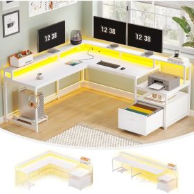 L Shaped Gaming Desk, 66" Home Office Desk with File Drawer & Power Outlet, Corner Gaming Computer Desk with Led Lights (Color: White)