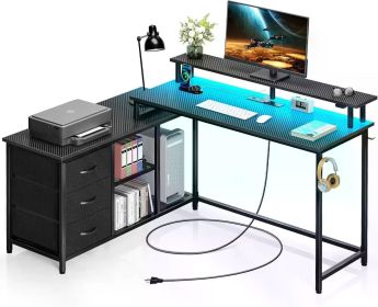 L Shaped Computer Desk with Drawers, Reversible Gaming Desk with LED Lights & Charging Port, Corner Desk with Storage Shelves (Color: Carbon Black 43.3 W)