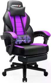 BOSSIN Gaming Chair with Massage, Ergonomic Heavy Duty Design with Footrest and Lumbar Support, Large Size Cushion High (Color: purple)